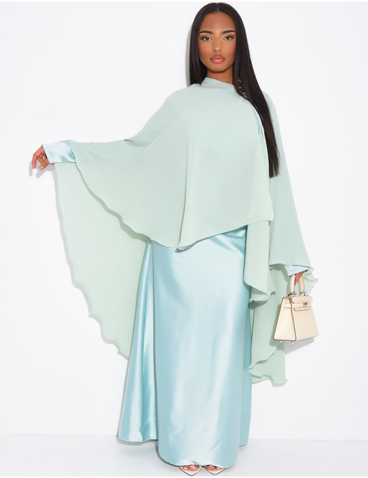 Long-sleeved satin dress and pleated cape with brooch set
