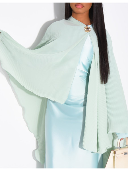 Long-sleeved satin dress and pleated cape with brooch set