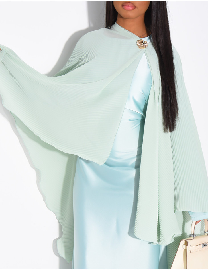 Long-sleeved satin dress and pleated cape with brooch set