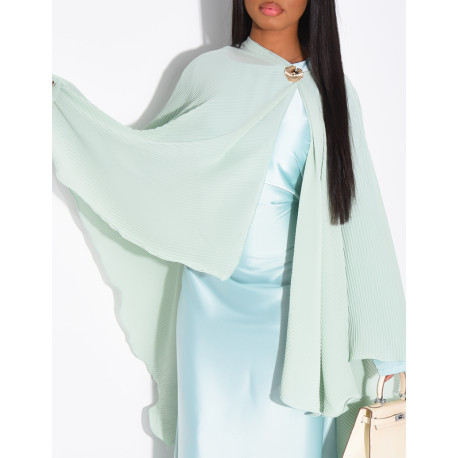Long-sleeved satin dress and pleated cape with brooch set