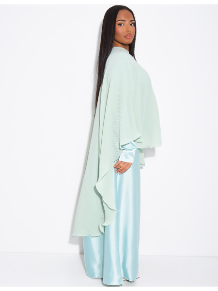 Long-sleeved satin dress and pleated cape with brooch set
