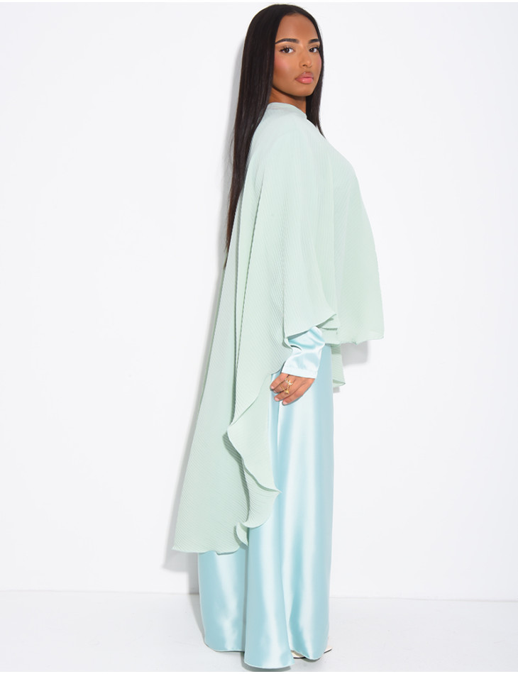 Long-sleeved satin dress and pleated cape with brooch set