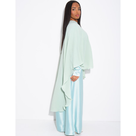 Long-sleeved satin dress and pleated cape with brooch set