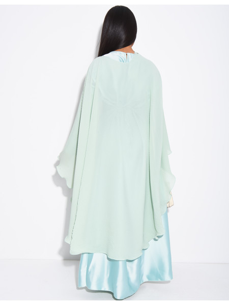 Long-sleeved satin dress and pleated cape with brooch set