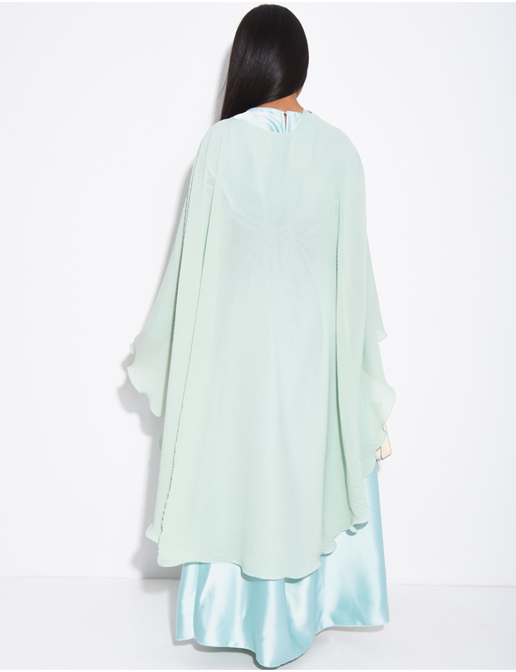 Long-sleeved satin dress and pleated cape with brooch set