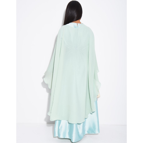 Long-sleeved satin dress and pleated cape with brooch set