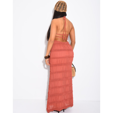 Langes, gerafftes, rückenfreies Kleid