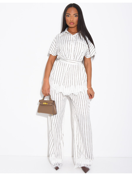 Ensemble en satin rayé pantalon et chemise manches courtes à bordures dentelle