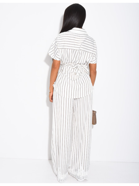 Ensemble en satin rayé pantalon et chemise manches courtes à bordures dentelle
