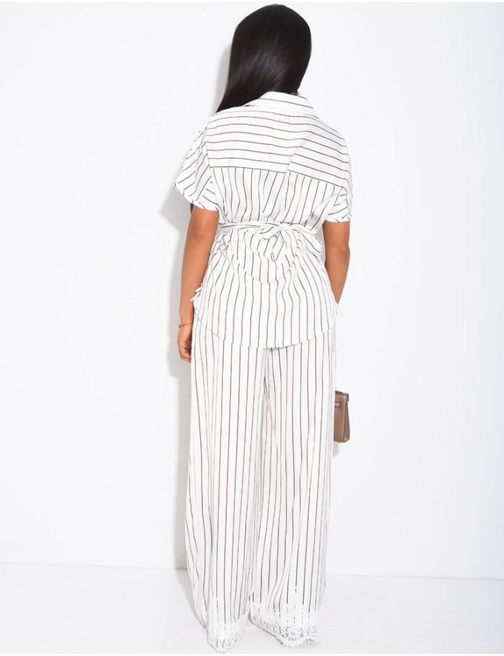 Ensemble en satin rayé pantalon et chemise manches courtes à bordures dentelle