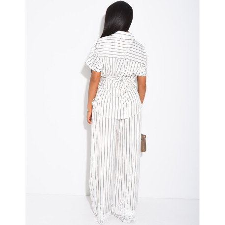 Ensemble en satin rayé pantalon et chemise manches courtes à bordures dentelle