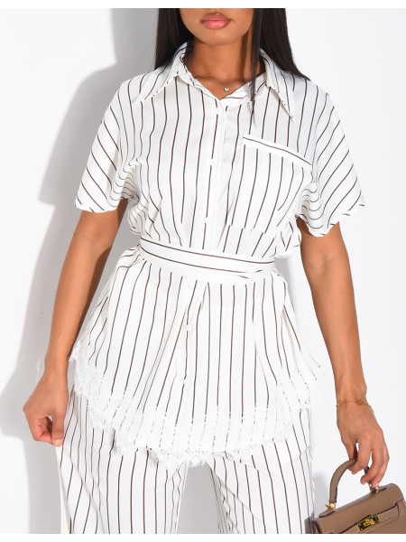 Ensemble en satin rayé pantalon et chemise manches courtes à bordures dentelle