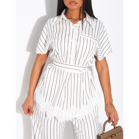 Ensemble en satin rayé pantalon et chemise manches courtes à bordures dentelle