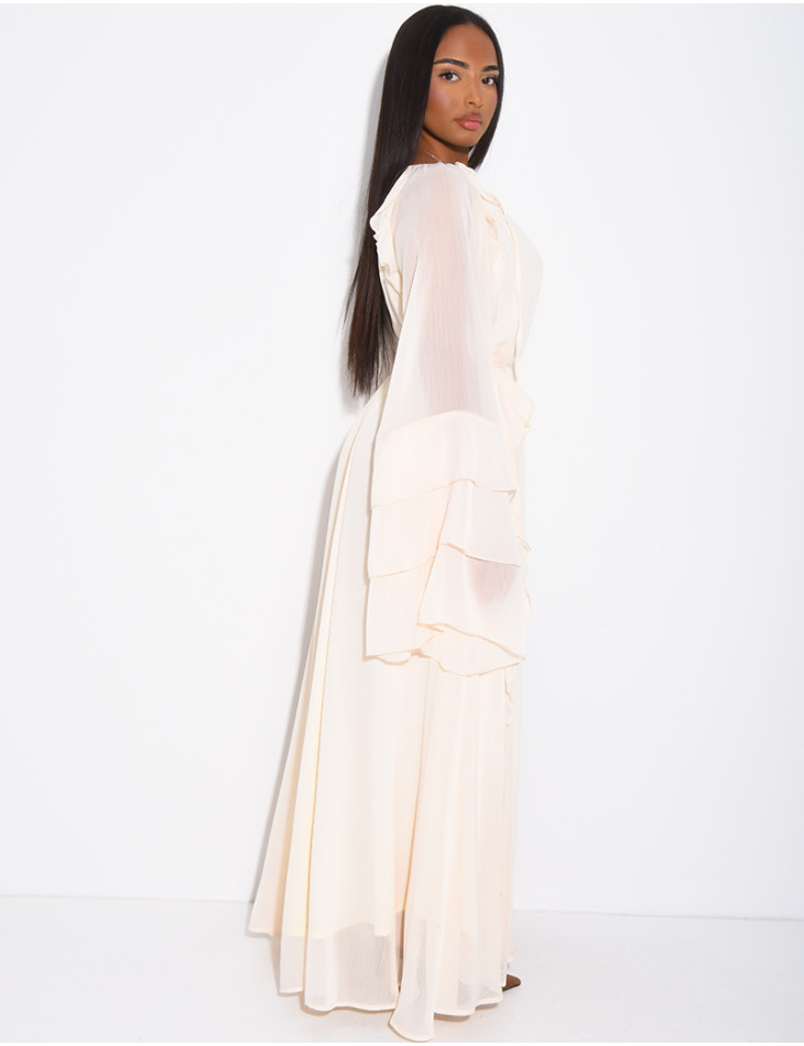 Robe longue en voile à volants