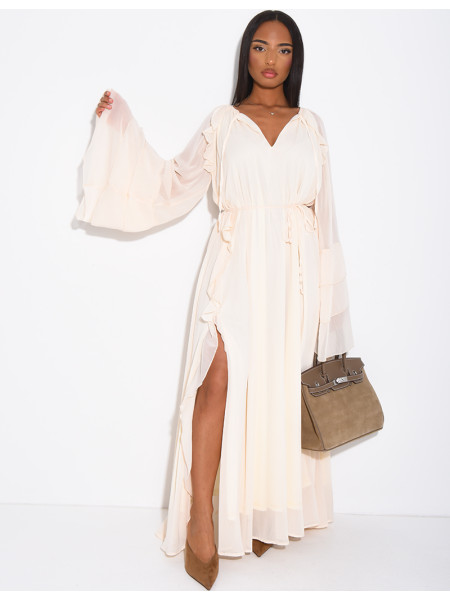 Robe longue en voile à volants