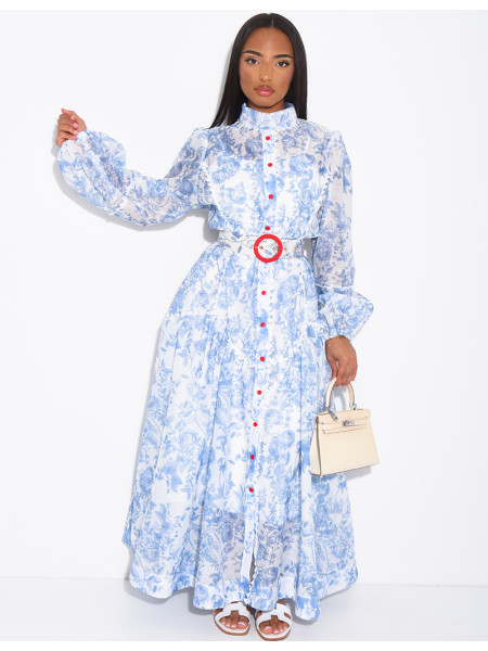Robe chemise longue à motifs imprimés et ceinture