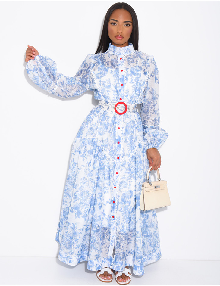 Robe chemise longue à motifs imprimés et ceinture