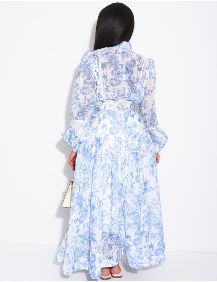 Robe chemise longue à motifs imprimés et ceinture