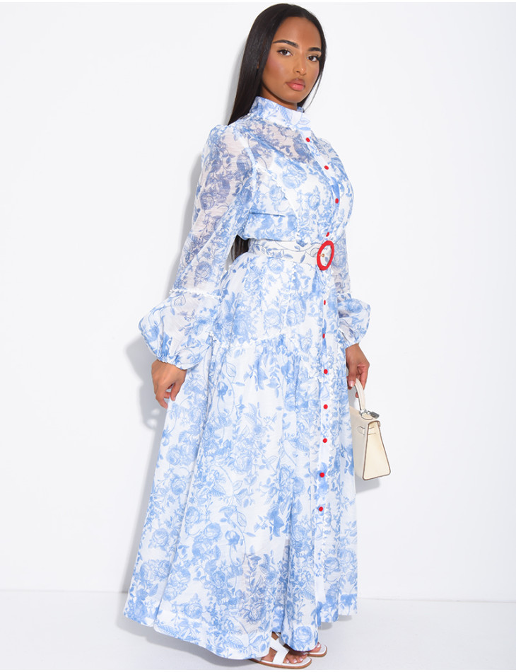 Robe chemise longue à motifs imprimés et ceinture