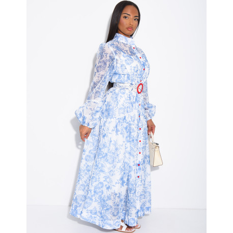 Robe chemise longue à motifs imprimés et ceinture