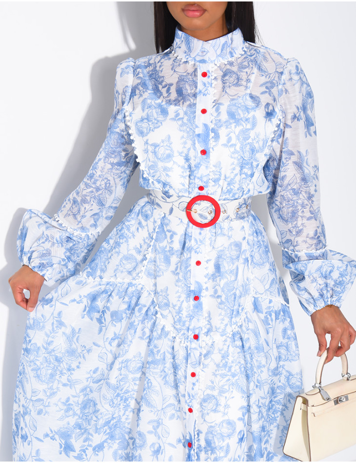Robe chemise longue à motifs imprimés et ceinture