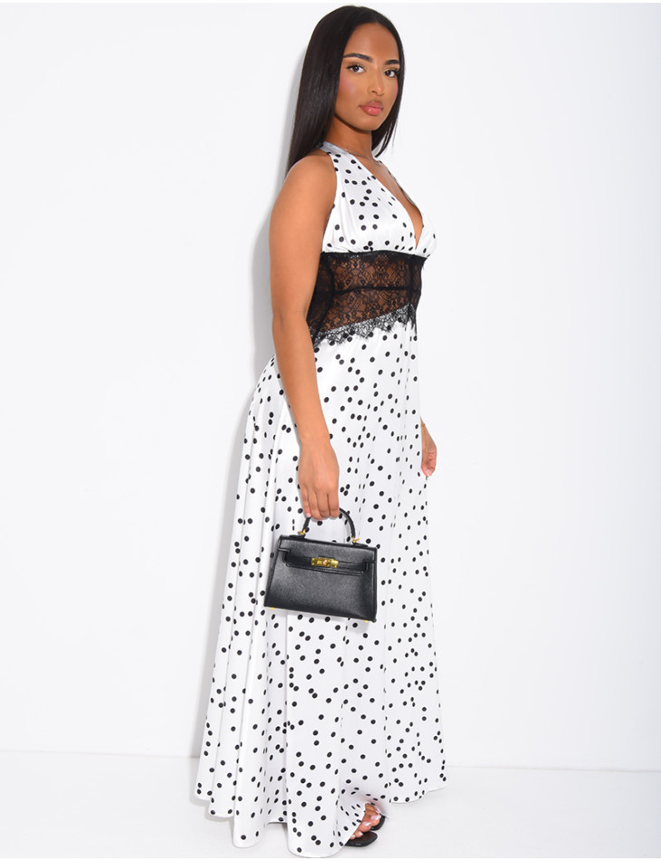 Robe longue en satin à pois et empiècement en dentelle