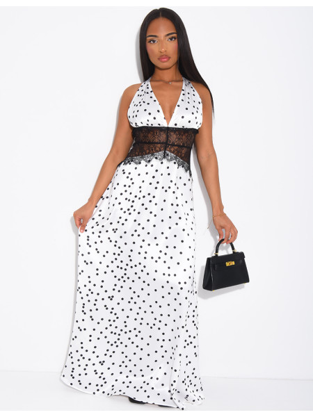 Robe longue en satin à pois et empiècement en dentelle