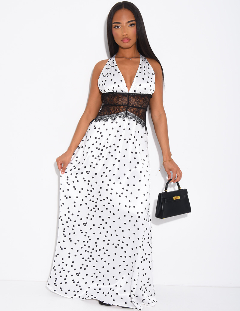 Robe longue en satin à pois...