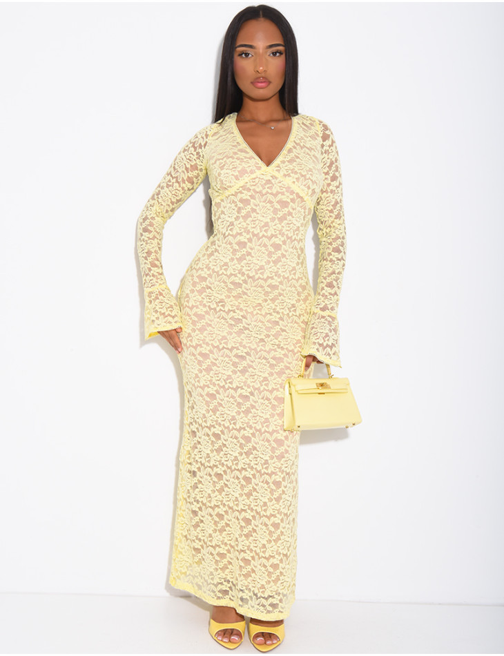Long lace dress with flared sleeves