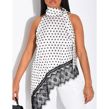 Top en satin asymétrique à pois et dentelle