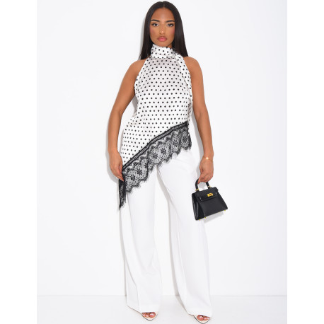 Top en satin asymétrique à pois et dentelle