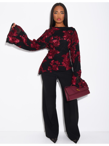 Top doublé asymétrique à fleurs brodés