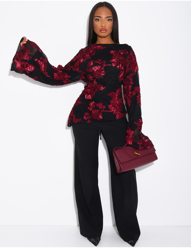 Top doublé asymétrique à fleurs brodés