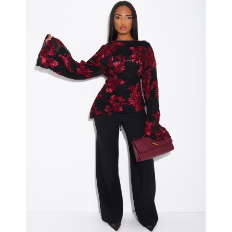 Top doublé asymétrique à fleurs brodés