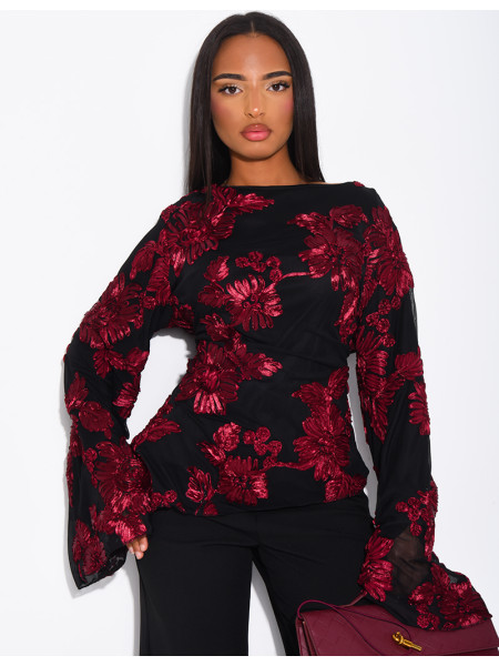Top doublé asymétrique à fleurs brodés