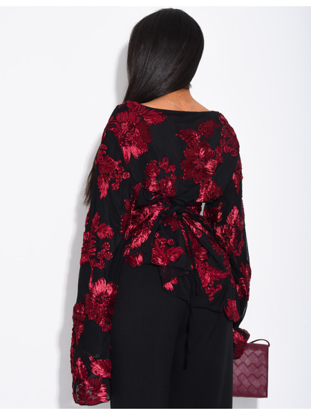 Top doublé asymétrique à fleurs brodés
