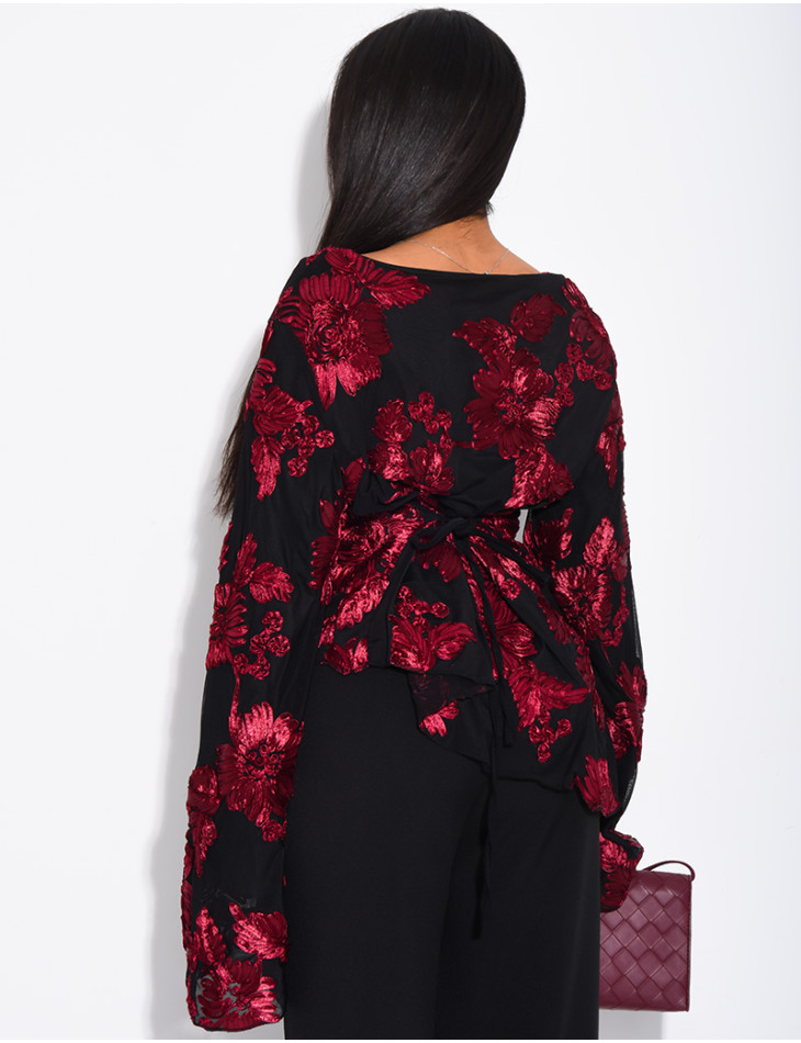 Top doublé asymétrique à fleurs brodés