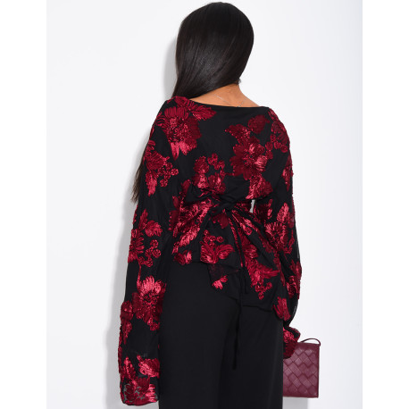 Top doublé asymétrique à fleurs brodés