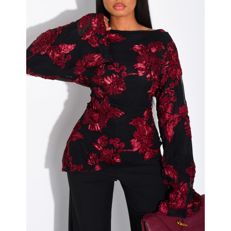 Top doublé asymétrique à fleurs brodés