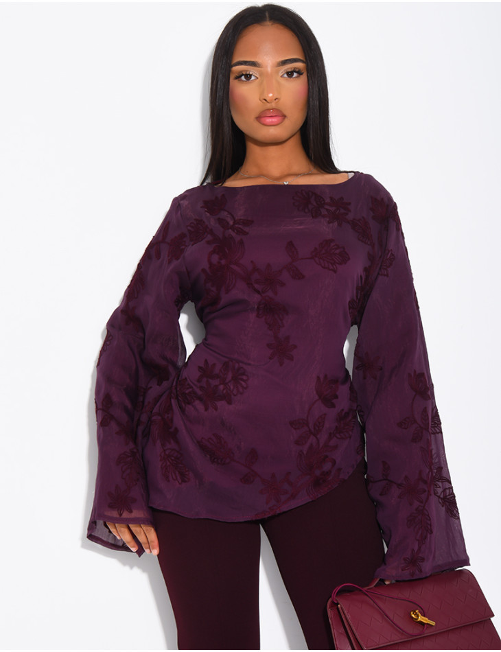 Top doublé asymétrique à fleurs brodés