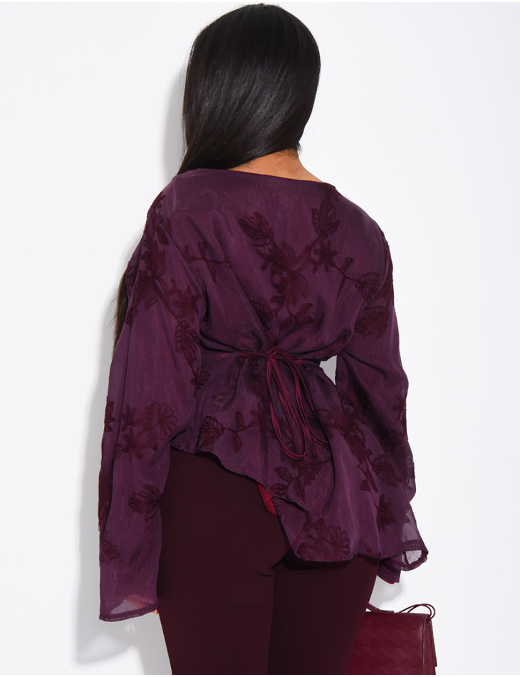 Top doublé asymétrique à fleurs brodés