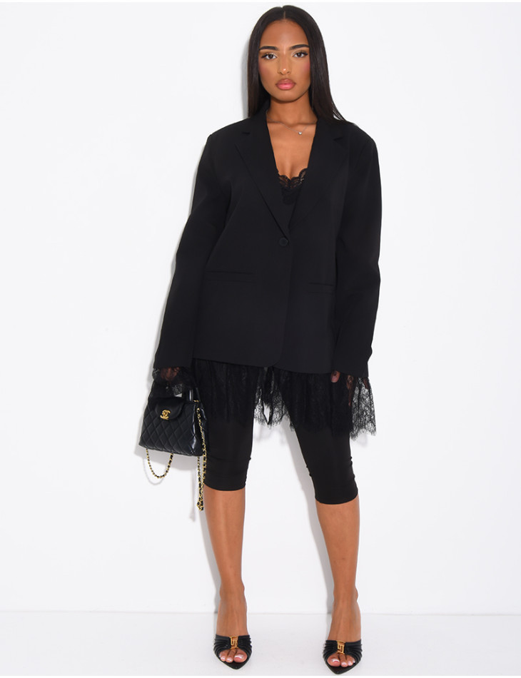Blazer oversize à bordures en dentelle fine