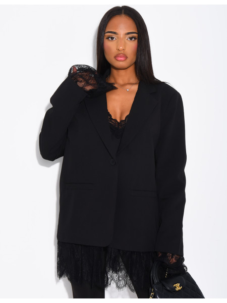 Blazer oversize à bordures en dentelle fine