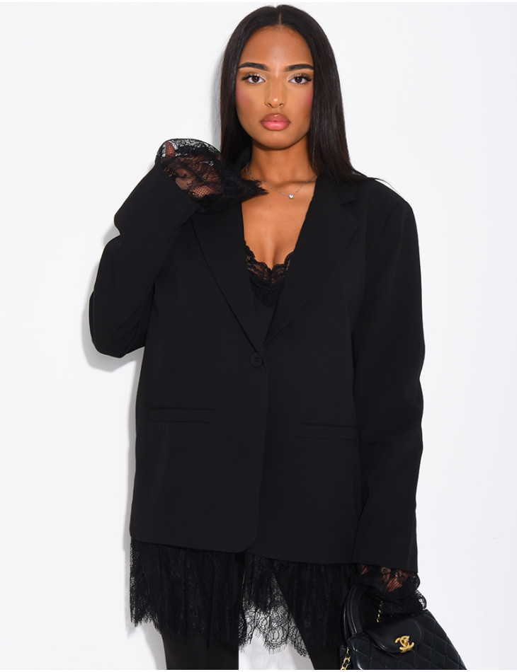 Blazer oversize à bordures en dentelle fine