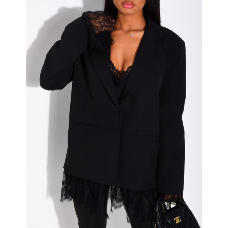 Blazer oversize à bordures en dentelle fine