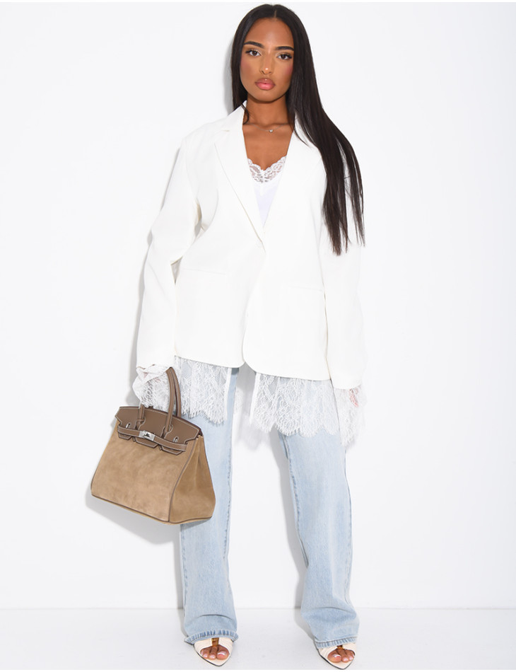 Blazer oversize à bordures en dentelle fine