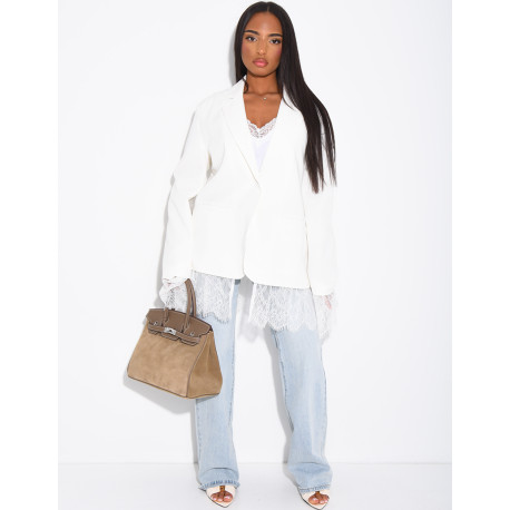Blazer oversize à bordures en dentelle fine