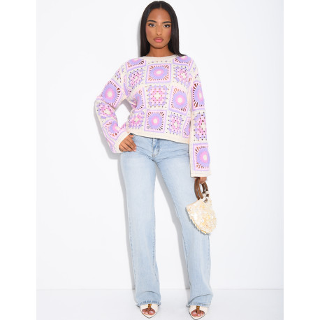 Top crochet ample à motifs colorés
