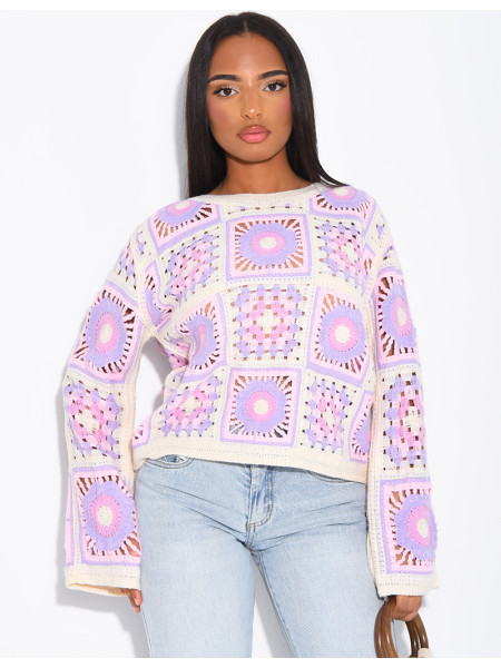 Top crochet ample à motifs colorés