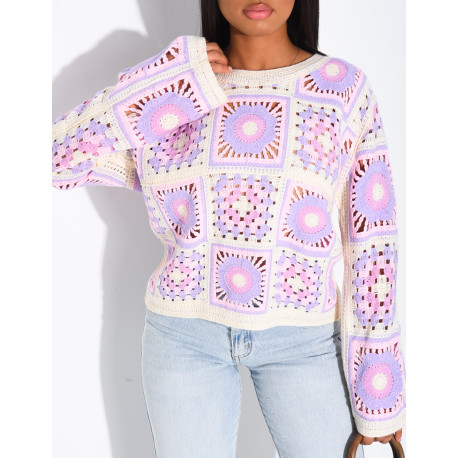 Top crochet ample à motifs colorés